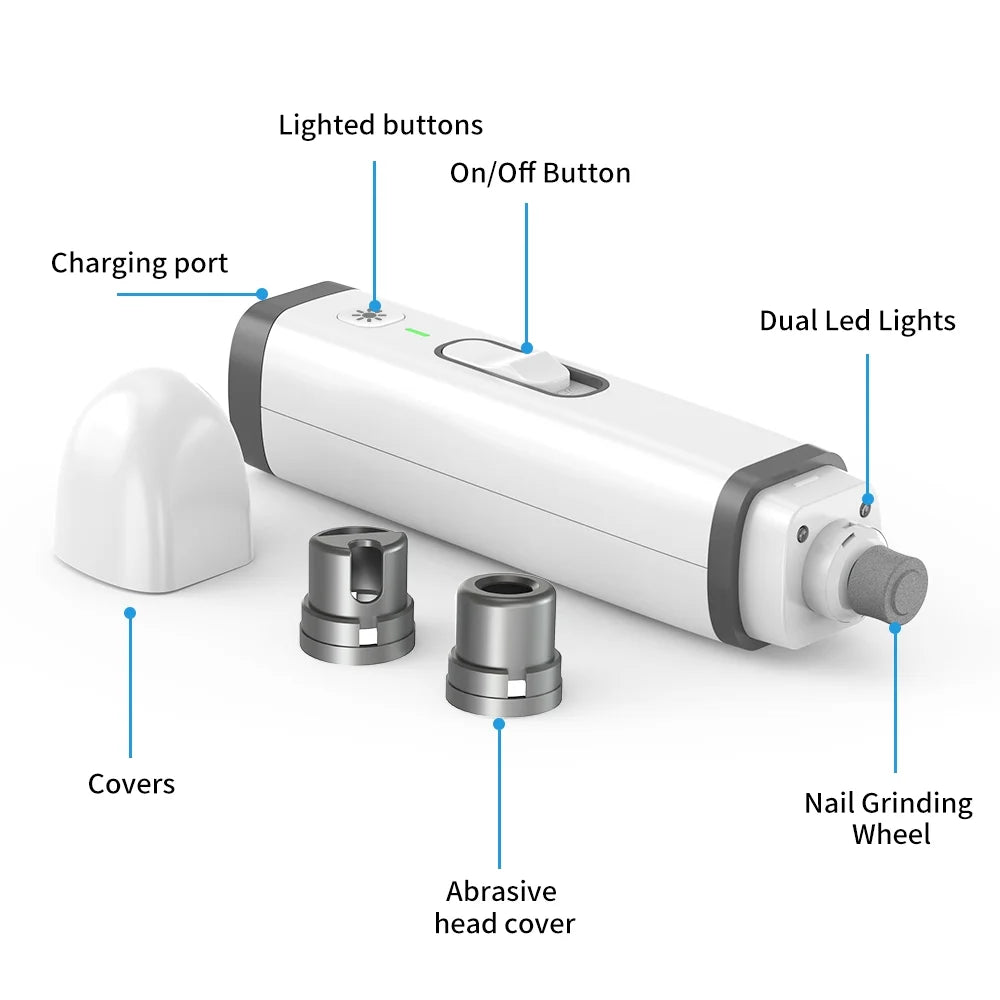 Dog Nail Grinder, 2 Speed Rechargeable LED Dog Nail Trimmer, Clipper for Dogs and Cats, White
