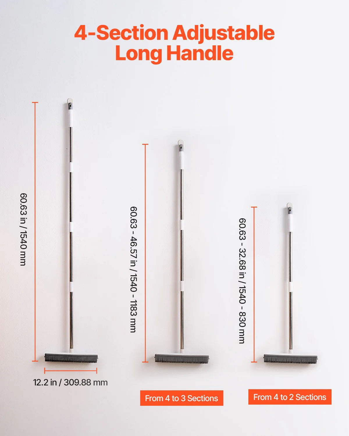 Pet Hair Removal Broom 58.46 in Adjustable Long Handle Pet Hair Rubber Broom